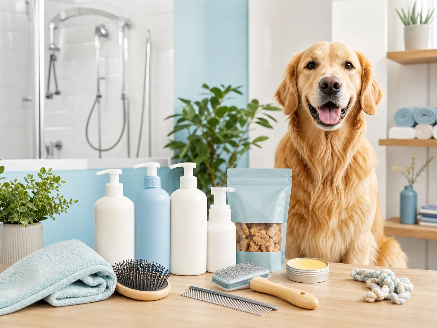 Golden retriever with dog grooming and care products